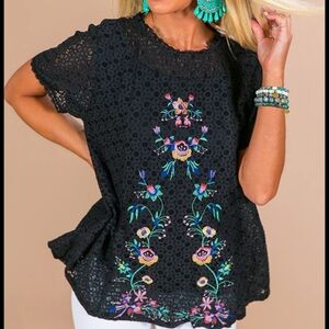 Umgee Boho Embroidered Floral Lace Top Small
